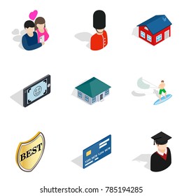 Romantic trip icons set. Isometric set of 9 romantic trip vector icons for web isolated on white background