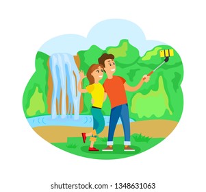 Romantic trip or journey, travelers couple at waterfall taking selfie vector. Man and woman with smartphone, wild nature, world exploration, traveling