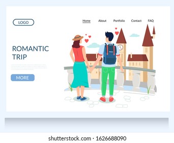 Romantic trip vector website template, web page and landing page design for website and mobile site development. Happy couple in love with backpack traveling together. World travel.