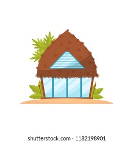 Romantic tropic house with straw roof, beach bungalow vector Illustration on a white background