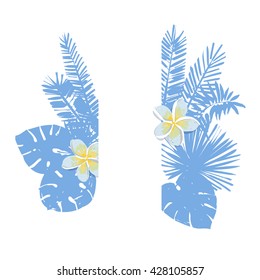 Romantic tropical flower with palm leaves frame design with empty place. Watercolor imitation. Vector graphic design vintage template for invitation, greeting card, postcard, fabric, fashion, banners