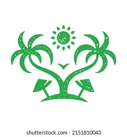 Romantic tropical island landscape with curved palm tree, seagull, sunbathing umbrella and bright sun green grunge texture vector illustration. Exotic sea scenery coast summer resort travel vacation