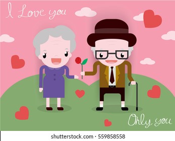 romantic true love of old couple give flower on Valentine's Day