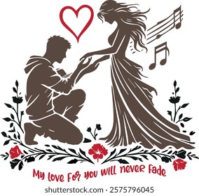 A romantic T-shirt design featuring the phrase "My Love for You Will Never Fade." Perfect for couples, anniversaries, weddings, and Valentine's Day. A stylish and heartfelt expression of eternal love.