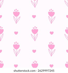 Romantic Tulips and Hearts Seamless Pattern. Simple hand drawn wedding background with small flowers leaves and love symbols. Repeat vector illustration