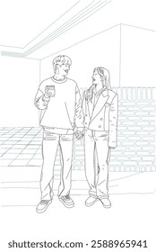 Romantic two men and women line art black and white. Brick background 