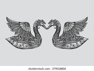 Romantic two swans zentangle stylized