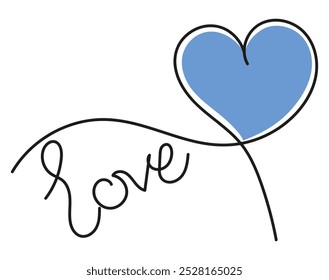 Romantic typography love blue heart shape continuous line art hand drawing vector illustration. Calligraphy heart signs, relationship, romance, words love symbol design. Valentine heart love passion