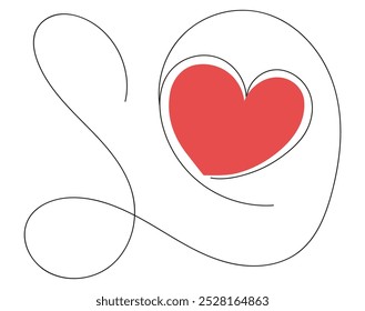 Romantic typography love red heart shape continuous line art hand drawing vector illustration. Calligraphy heart signs, relationship, romance, words love symbol design. Valentine heart love passion