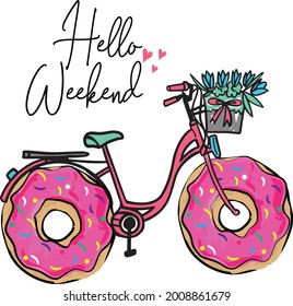 Romantic typography print - bike with donut wheels. fashion print for girls textile, fabric, t shirt and more