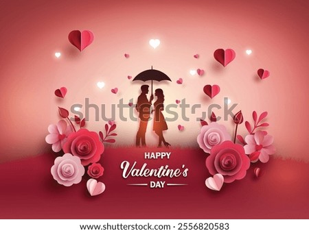 Romantic umbrella scene with red floating hearts and a floral border in paper-cut style. Ideal for love cards and Valentine's promotions.