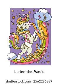 A romantic unicorn playing saxophone. Kids coloring book page. Vector cartoon illustration on white background. Linear drawing. For colorings, prints, posters, stickers, puzzle