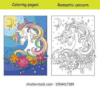 Romantic unicorn portrait with moon and stars in the cloudy sky. Coloring book page wih colored template. Vector cartoon isolated illustration. For coloring book, preschool education, print, game
