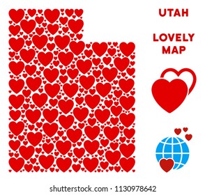 Romantic Utah State map mosaic of red hearts. We like Utah State map template. Abstract vector area scheme is formed of red love symbols.