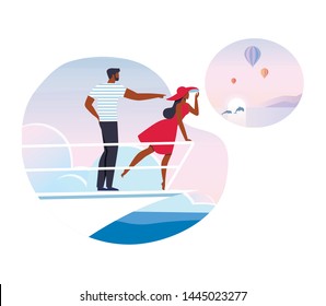 Romantic Vacation, Cruise Flat Vector Illustration. Young Husband and Wife Cartoon Characters. Happy African American Couple, Tourists Standing at Ship Prow. Sea Tourism, Summer Holidays Journey