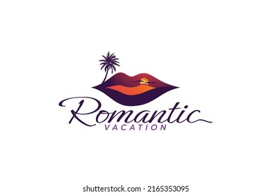 romantic vacation logo with a combination of lips and a beautiful sunset view.