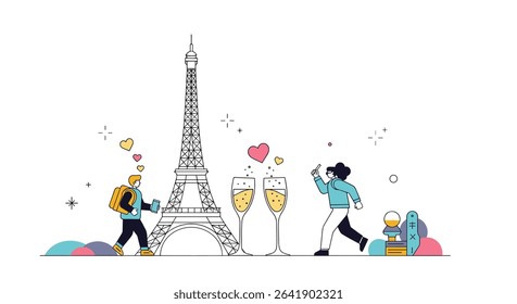 Romantic Vacation in Paris Couple Celebrating with Champagne Illustration