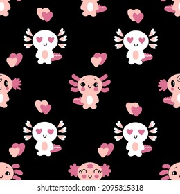Romantic valentine axolotls seamless pattern. Perfect for T-shirt, textile and print. Hand drawn vector illustration for decor and design.

