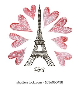 Romantic Valentine background red watercolor heart and Eiffel Tower