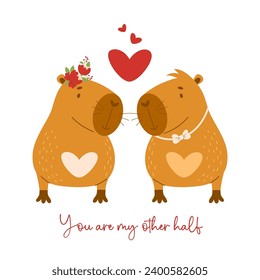 Romantic valentine card. Cute loving couple capybara animals with hearts. Vector illustration. Funny character rodent for love cards, design, print.