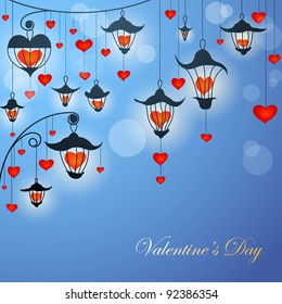 Romantic Valentine card with lanterns and hearts in twilight