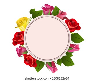 Romantic Valentine card with rose flower and text frame.Paper label.Vector illustration isolated on white background.Floral wreath with leaves for wedding and holiday. Decorative elements.