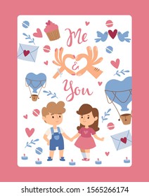 Romantic valentine card, vector illustration. Isolated icons of love, cute children holding hands, boy and girl cartoon characters. Romantic couple and symbols of love, typography postcard me and you