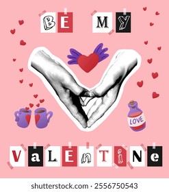 Romantic Valentine collage with hands forming a heart and love themed icons. Mixed media vector poster with typography in scrapbooking style on pink color