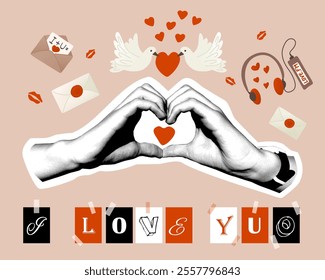 Romantic Valentine collage with hands forming heart, doves, love letters, headphones, and I Love You text in creative and modern design with warm tones. Vector mix media greeting card