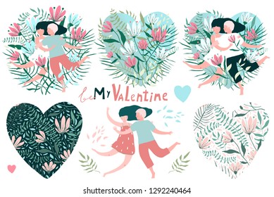 Romantic Valentine collection flowers and lovers. Big clip art vintage flowers and couples set for Valetines Day.