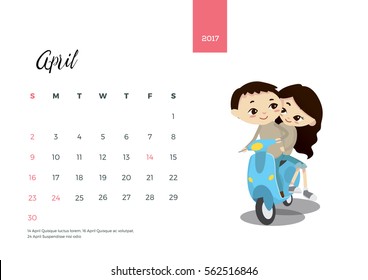 Romantic Valentine Couple Desk Calendar Illustration, April