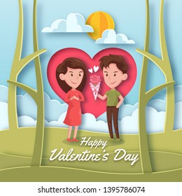 Romantic Valentine Couple Having Special Moment Paper Art Illustration, Suitable For Greeting Card, Email, Banner, Social Media, and Other Valentine Related Occasion