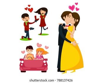 Romantic Valentine Couple Having Special Moment Illustration Set