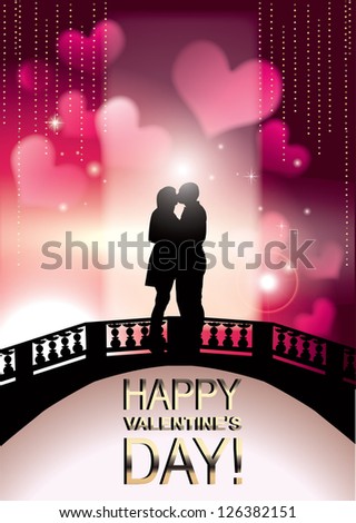 Romantic Valentine couple kissing on a bridge