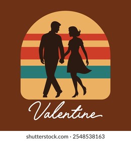 Romantic Valentine Couple Silhouette with Retro Sunset Background