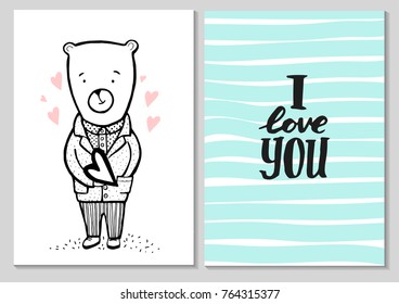 Romantic Valentine Cute Card. Bear in a suit with hearts. Hand drawn vector illustration of cute bear with heart. 