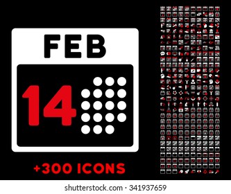 Romantic Valentine Date vector pictogram with additional 300 date and time management icons. Style is bicolor flat symbols, red and white colors, rounded angles, black background.