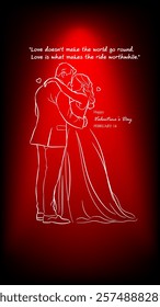 A romantic Valentine Day card featuring an elegant line-art illustration of a couple embracing, set against a vibrant red gradient background