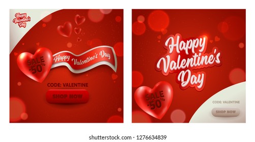 Romantic Valentine Day Discount Banner Set. Sale Promotion Poster Red White Heart Ad Element Design. Romantic Holiday Promo Deal Square Card Template Collection 3d Vector Illustration