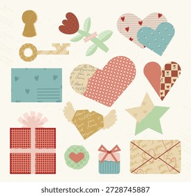 Romantische Valentinstag Elemente alten Papier Ausschnitt Stil für Retro Scrapbooking, Urlaub Designs gesetzt. Herzen, antike Umschläge, klassische Liebessymbole mit bedrückter Pergamenttextur, Vektorgrafik