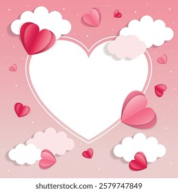 Romantic Valentine Day frame in paper cut style with hearts and clouds  on pink background. Heart form.Design for postcards, banners, advertising, greeting cards, web.Vector illustration.