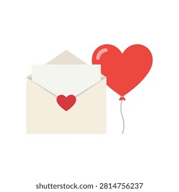 Romantic valentine day greeting featuring open envelope with blank white paper and red heart shaped balloon isolated on white background