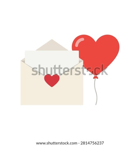 Romantic valentine day greeting featuring open envelope with blank white paper and red heart shaped balloon isolated on white background