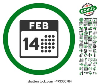 Romantic Valentine Day icon with bonus calendar and time management images. Vector illustration style is flat iconic bicolor symbols, green and gray colors, white background.