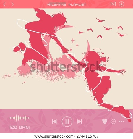 Romantic Valentine Day playlist interface with aesthetic pink couple silhouette and music player elements, Amor concept illustration for social media and streaming cover art