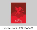Romantic Valentine Day poster featuring cupid silhouette, red clouds, elegant typography, festive love concept.