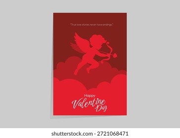 Romantic Valentine Day poster featuring cupid silhouette, red clouds, elegant typography, festive love concept.