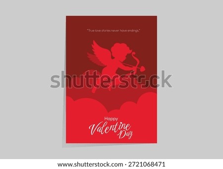 Romantic Valentine Day poster featuring cupid silhouette, red clouds, elegant typography, festive love concept.