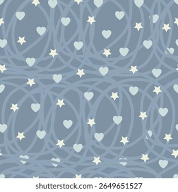 Romantic Valentine day seamless pattern. Vector monochromatic surface design of heart shapes, stars and spirals. Allover print composite overlay texture on blue color background.