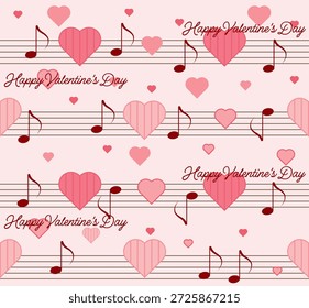 Romantic Valentine Day seamless pattern with pink hearts and music notes on soft background. Cute love design for cards, gifts, wallpapers, textiles, invitations, and holiday decorations. Vector.